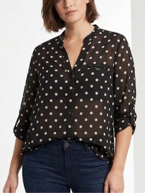 KUT from the Kloth Jasmine Black White Polka Dot Sheer Blouse Medium